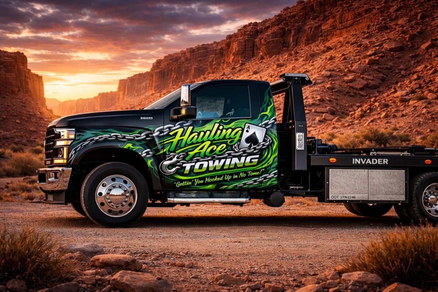 AI-generated wrap mockup of Hauling Ace Towing's tow truck
