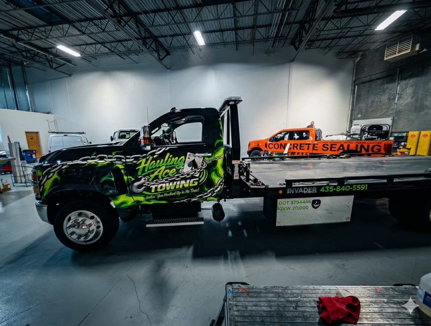 The real installed Hauling Ace Towing wrap, finished in the Identity Graphx shop