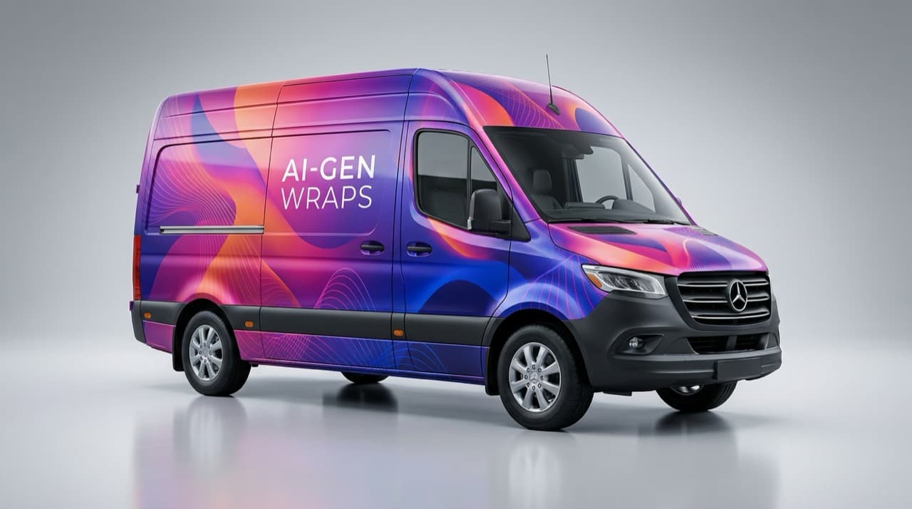 AI-generated vehicle wrap design concept produced inside WrapFlow