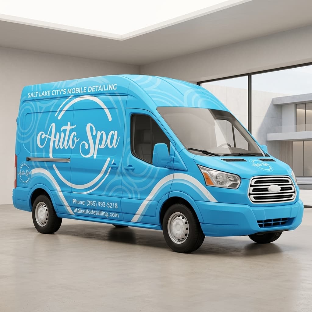 AI-generated wrap mockup of Auto Spa mobile-detailing Transit van