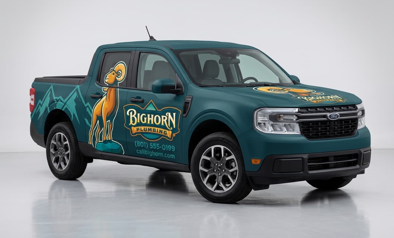 AI-generated wrap mockup of Bighorn Plumbing Ford Maverick