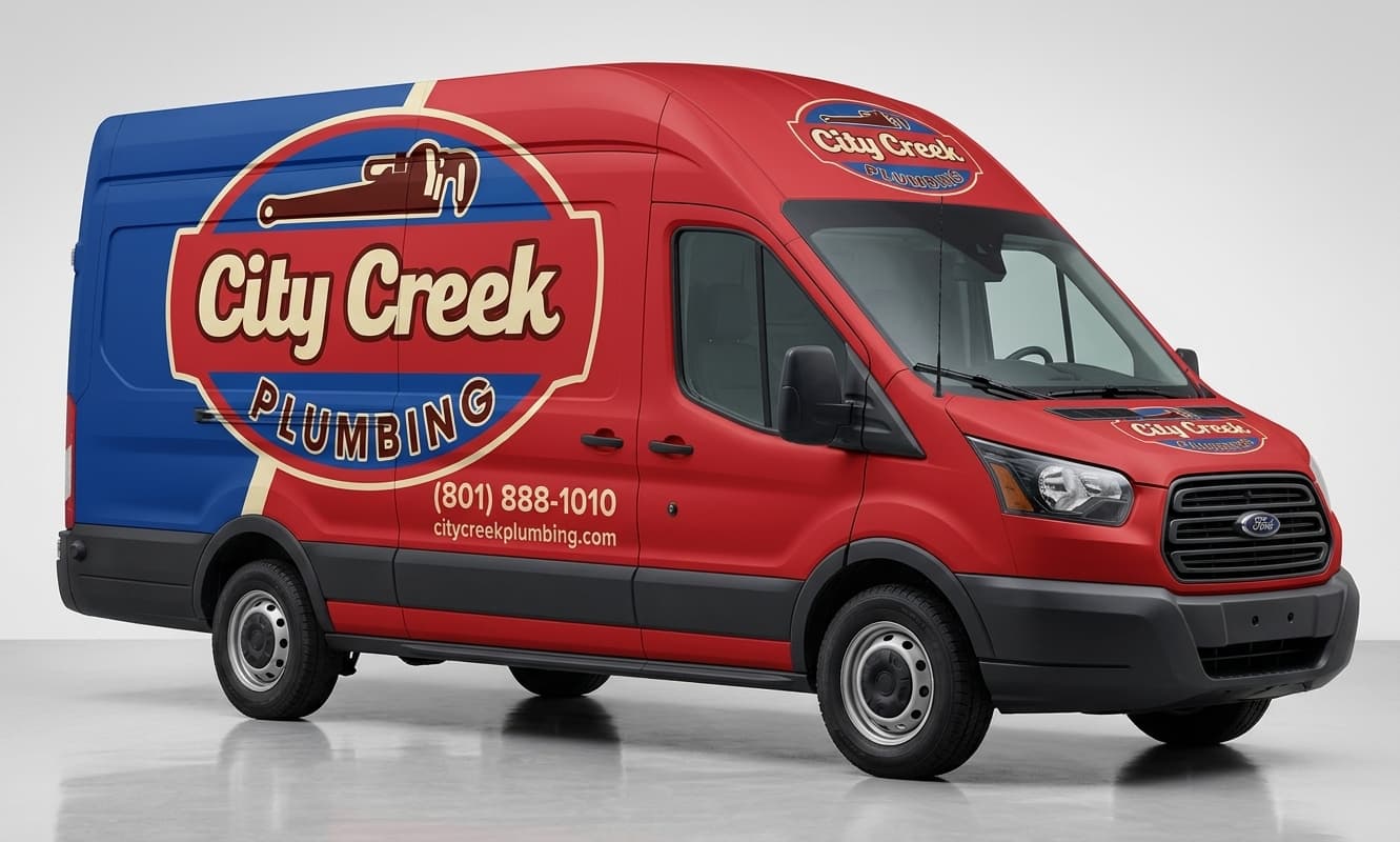 AI-generated wrap mockup of City Creek Plumbing Transit van