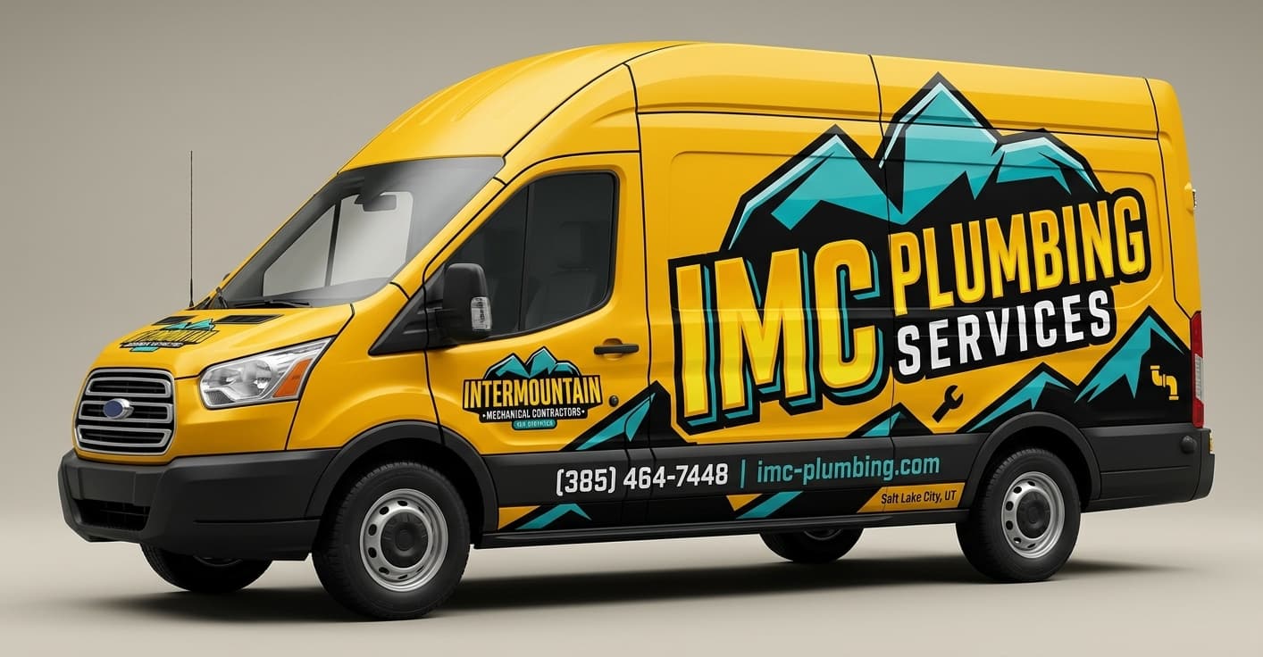 AI-generated wrap mockup of IMC Plumbing's Ford Transit van