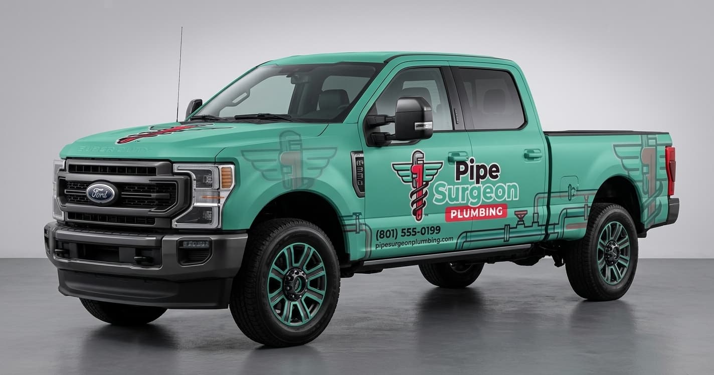 AI-generated wrap mockup of Pipe Surgeon Plumbing Ford F-250