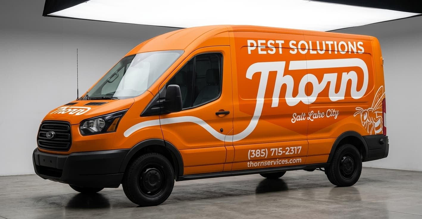 AI-generated wrap mockup of Thorn Pest Solutions Transit van