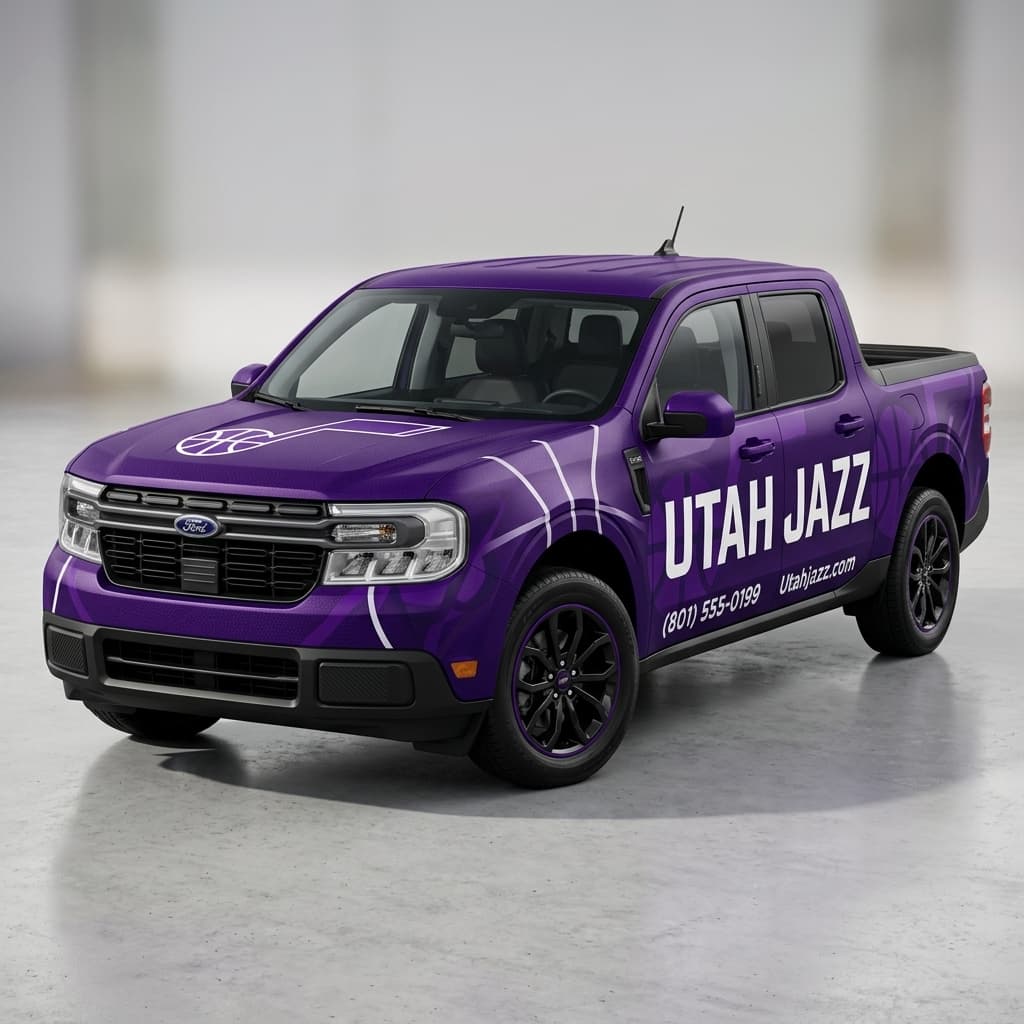 AI-generated wrap mockup of a Utah Jazz-branded Ford Maverick