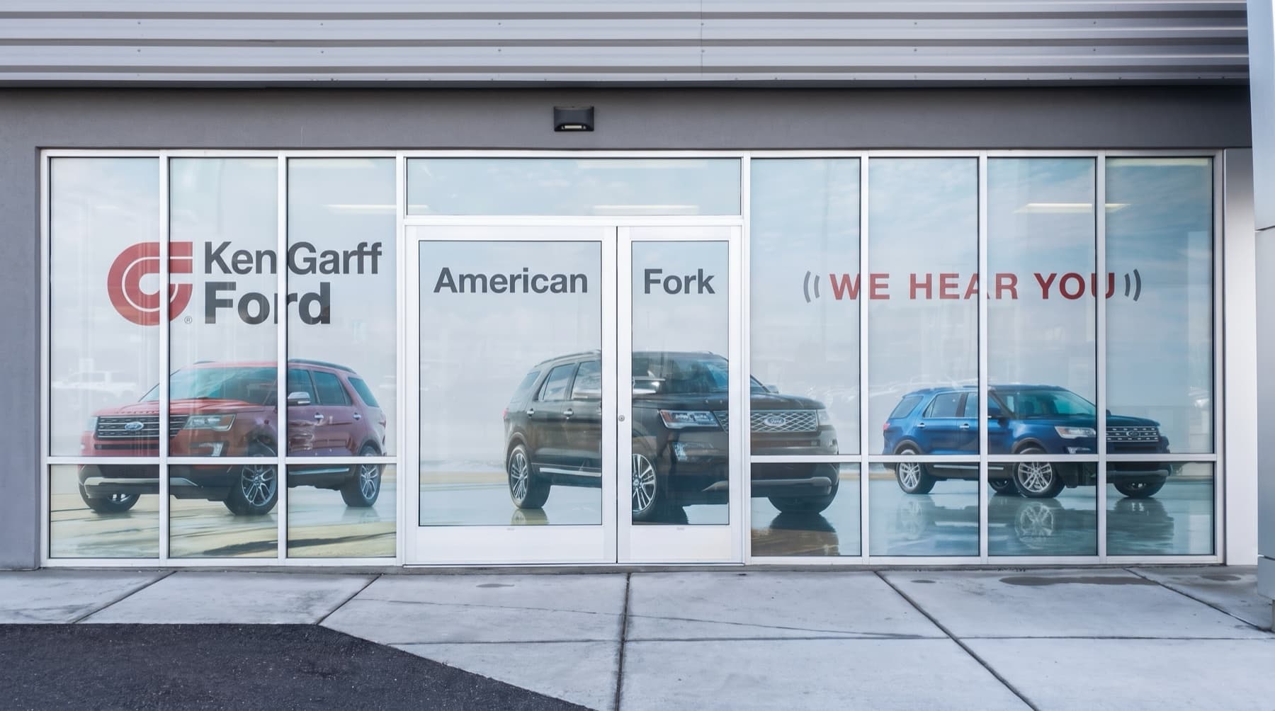 Ken Garff Ford storefront with full window graphics