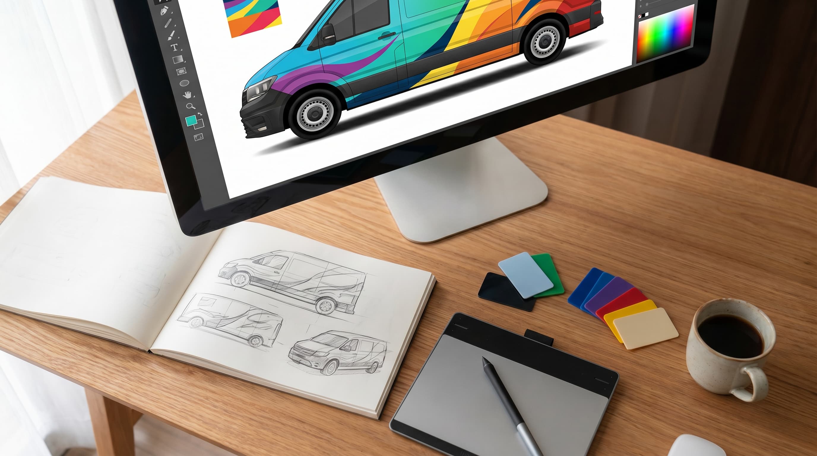 IGX in-house designer workspace — wrap concept on screen, sketches, color swatches