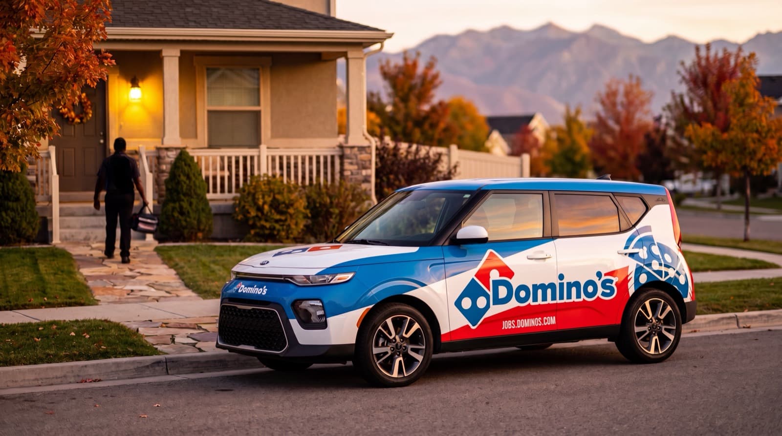 Domino’s Kia Soul delivering in a Utah neighborhood