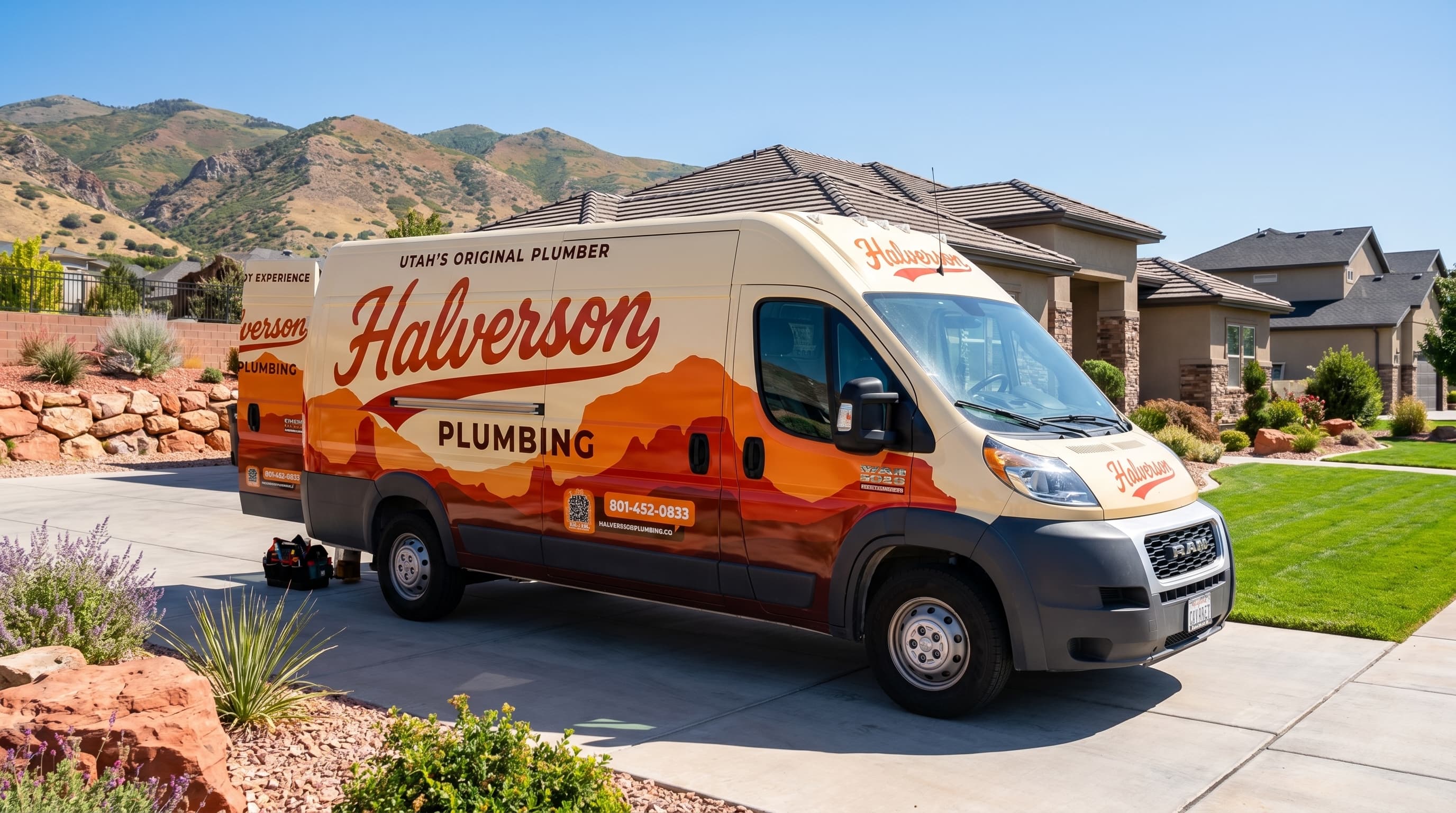 Halverson Plumbing van at an upscale Utah home